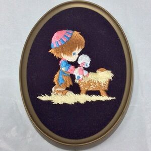 Adorable Crewel Velvet Framed Oval Picture